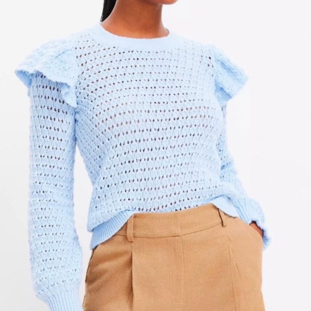 Ann Taylor LOFT Blue Ruffle Sleeve Pointelle Sweater NWT